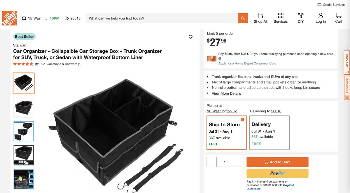 Car trunk organizer from Home Depot for dropshipping in Q3 2025