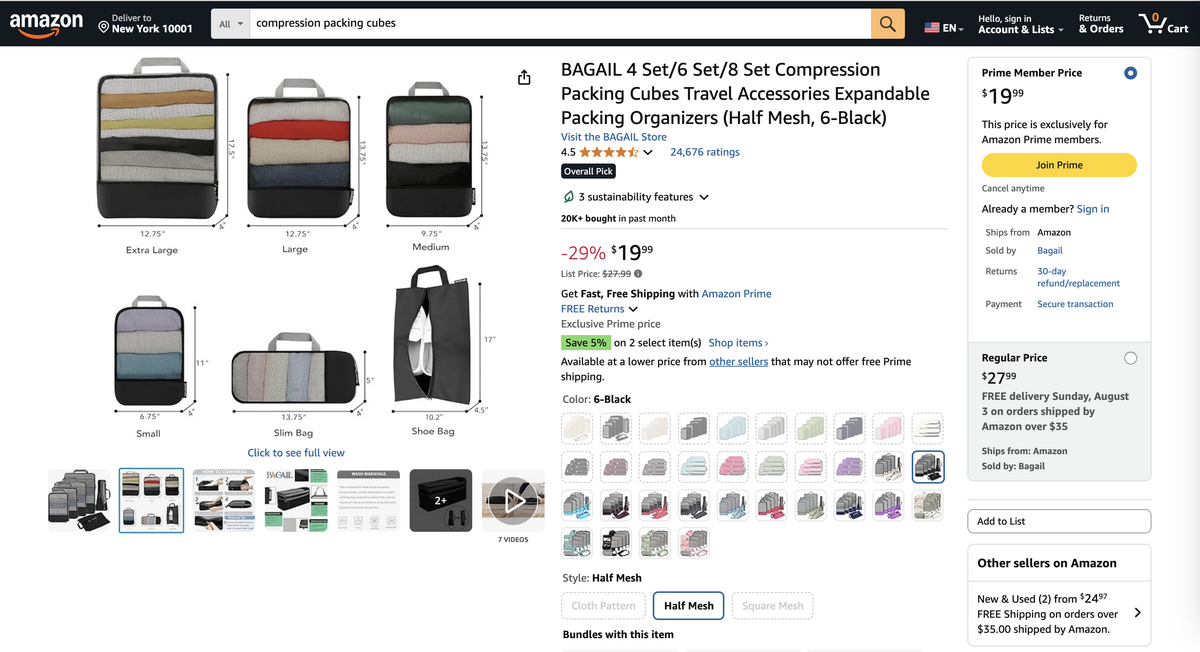 Compression packing cubes from Amazon for dropshipping in Q3 2025