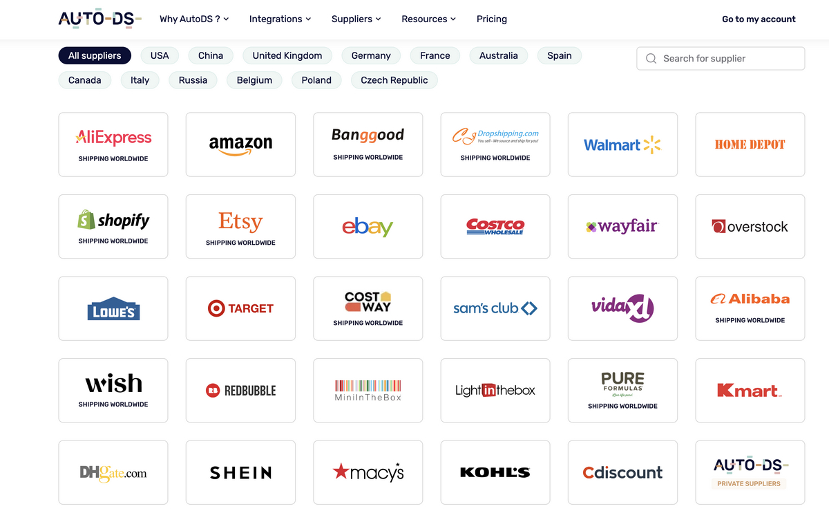 AutoDS's supported suppliers for dropshipping products in Q3 2025