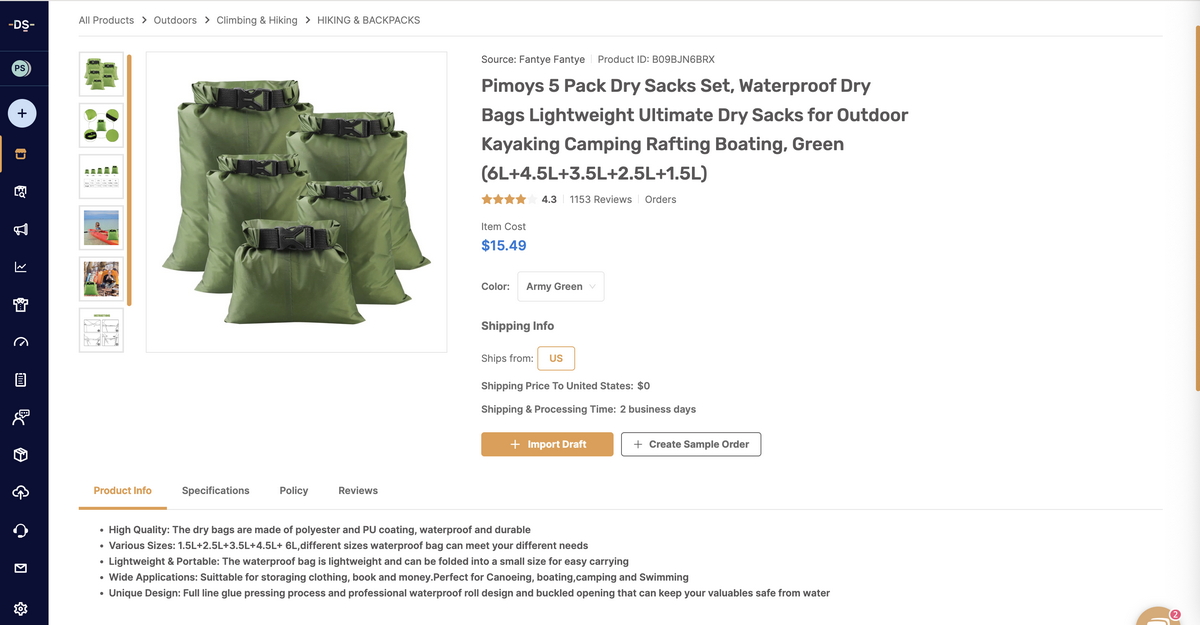 Waterproof dry bags from AutoDS marketplace for dropshipping in Q3 2025