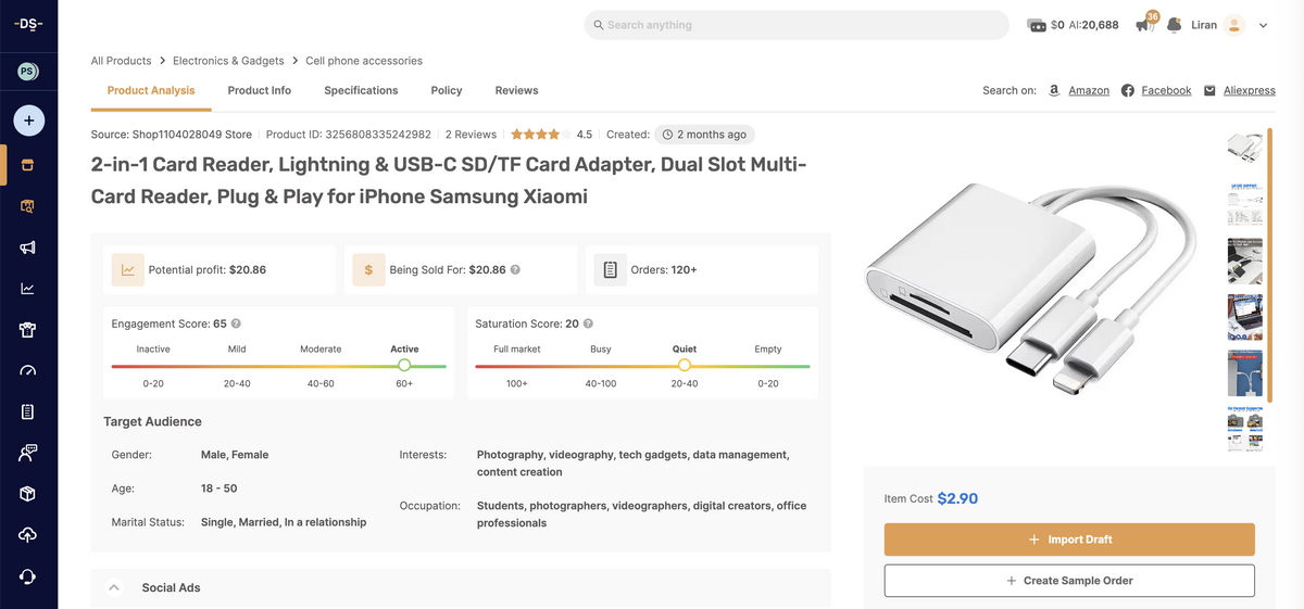 2-in-1 SD card reader from AutoDS marketplace for dropshipping in Q3 2025