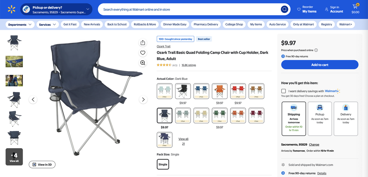 Foldable beach chair from Walmart for dropshipping in Q3 2025