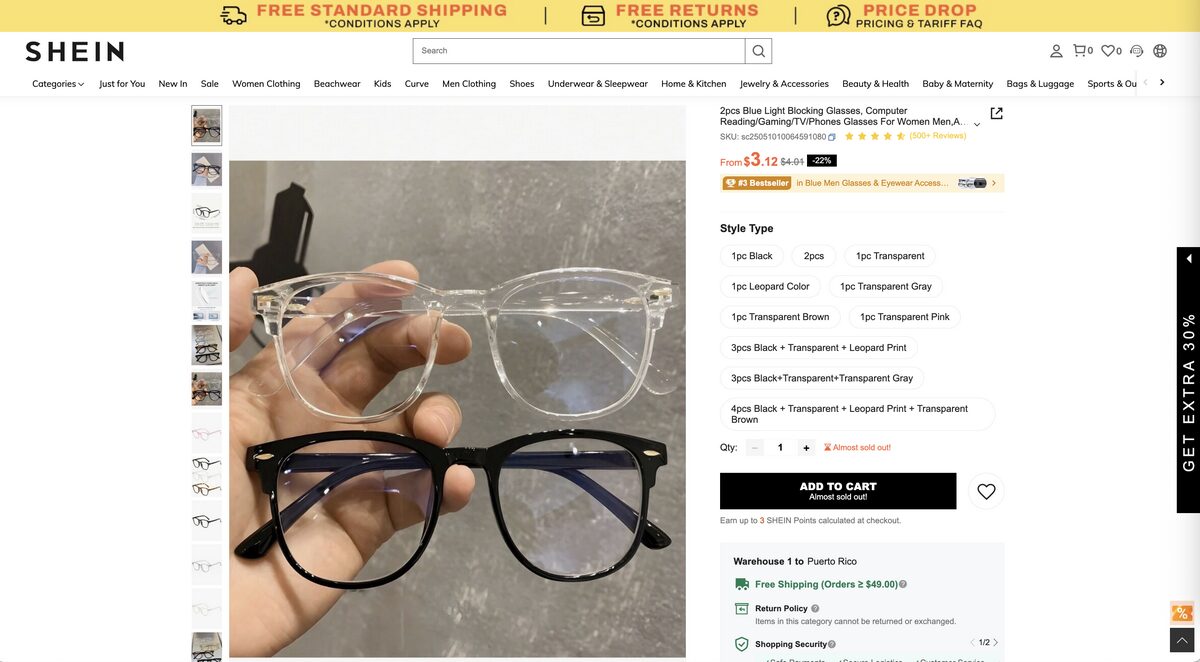 Blue light glasses from Shein for dropshipping in Q3 2025
