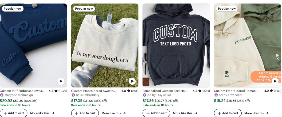 Etsy catalog of personalized clothing and apparel