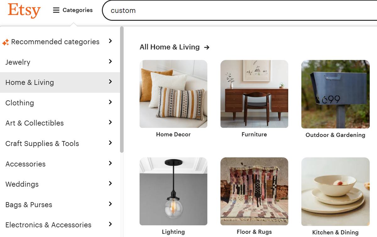 Etsy Categories of Products