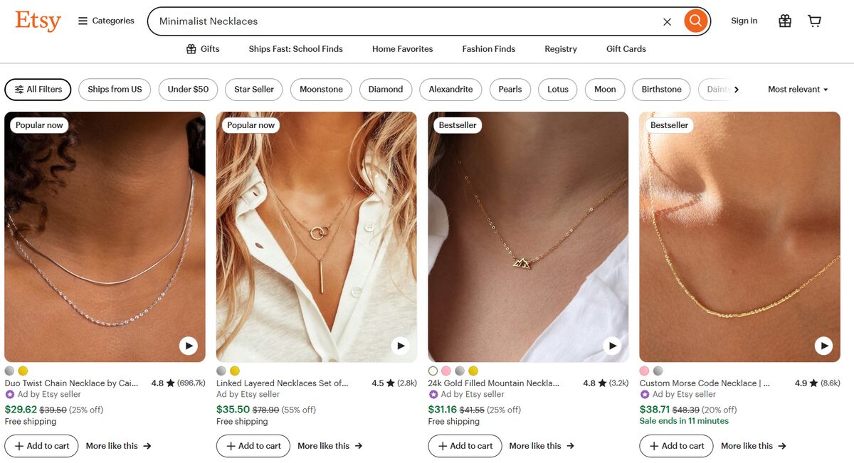Minimalist Necklaces on Etsy platform