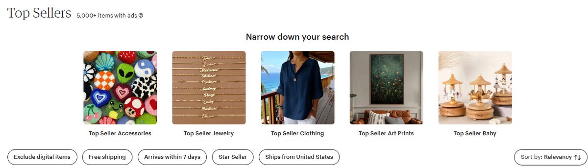 Top Sellers section on Etsy for trending products