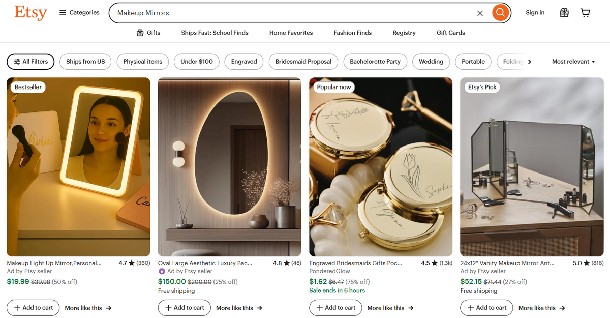 Makeup Mirrors on Etsy dropshipping catalog
