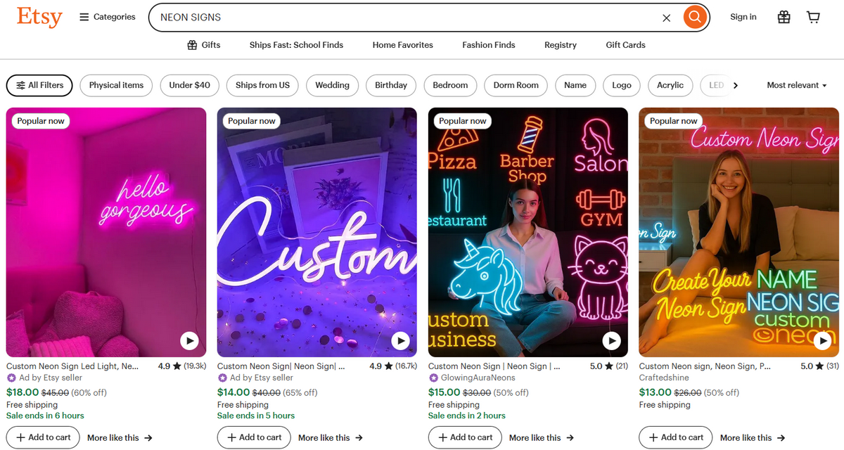 Etsy Neon Signs Offer for Dropshipping