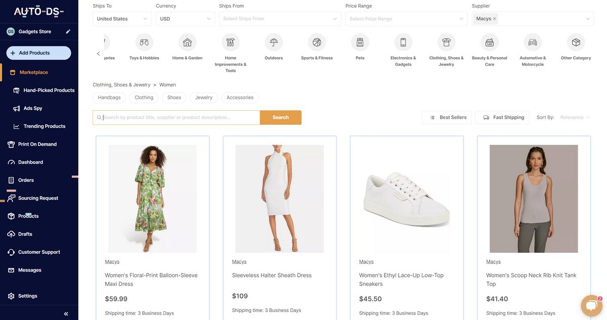 AutoDS suppliers for dropshipping women's clothing