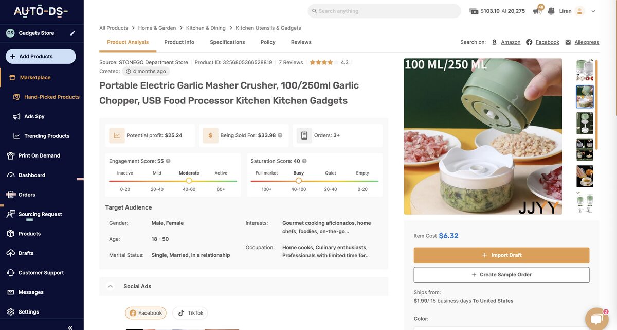 Compact food processor from the AutoDS marketplace to dropship kitchen products