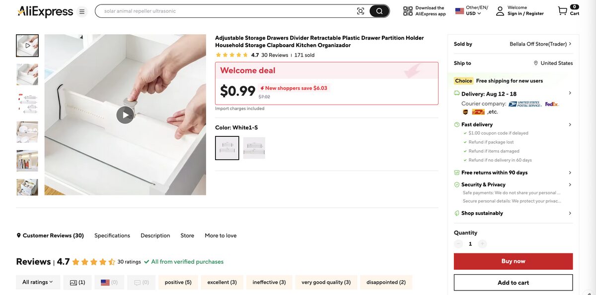 Adjustable drawer divider from AliExpress to dropship kitchen products