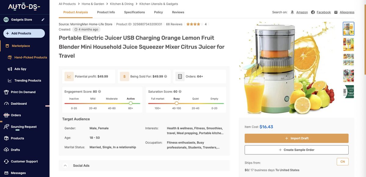 Portable smoothie blender from the AutoDS marketplace to dropship kitchen products