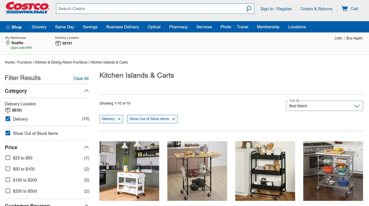 Cotsco listings for kitchen furniture
