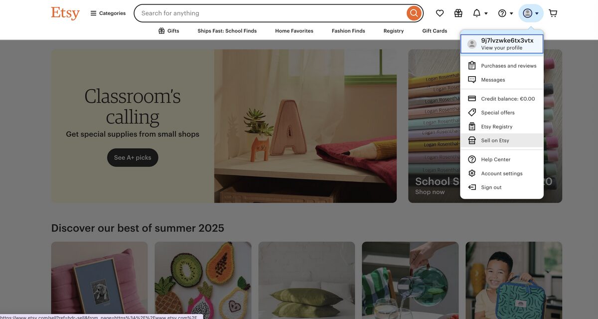 Creating a seller account during Etsy store setup