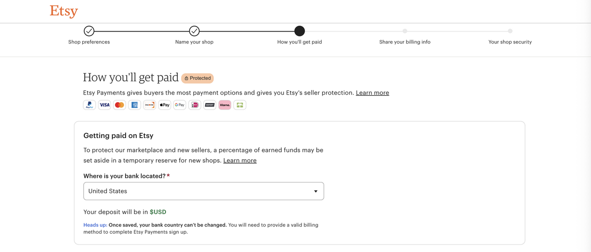 Choosing how you'll get paid and payment methods during Etsy store setup