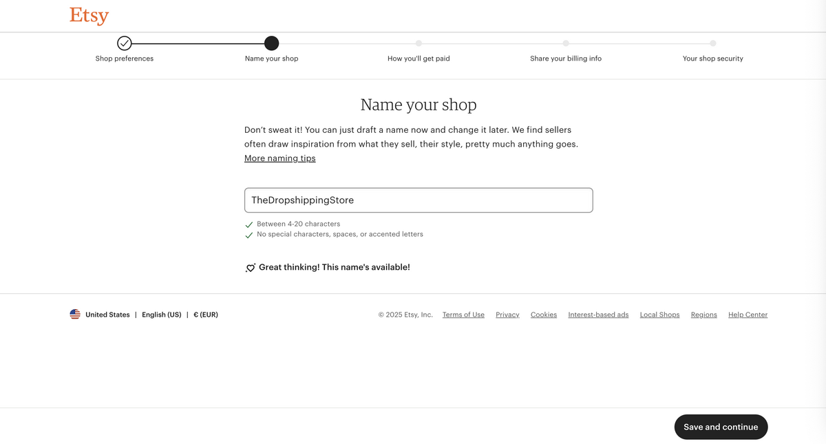 Choosing a shop name during Etsy store setup