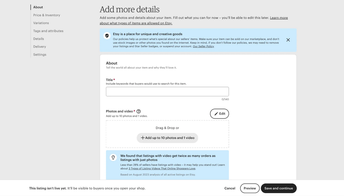 Creating a listing during Etsy store setup