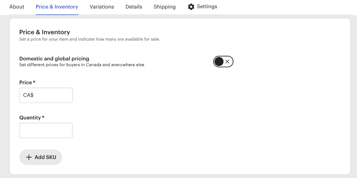 Setting up pricing and inventory during Etsy store setup