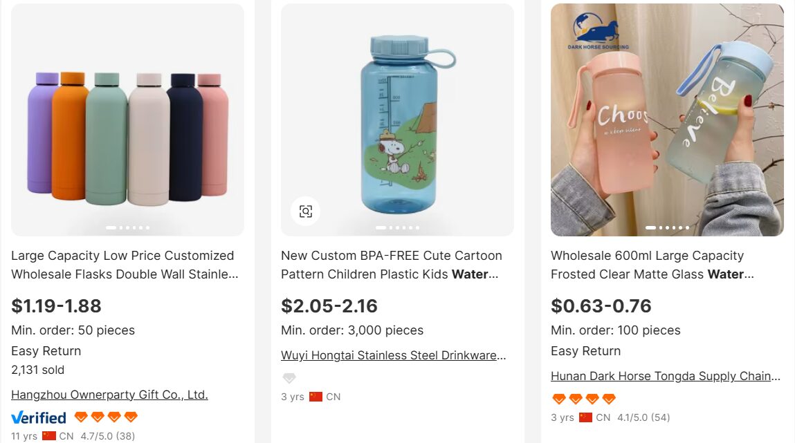 Reusable water bottles for school kids on Alibaba