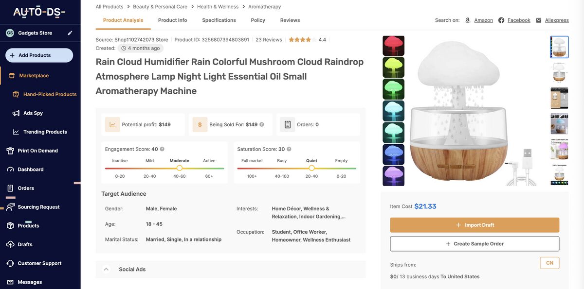 Smart aroma diffuser from AutoDS's marketplace, one of the best-selling products online for dropshipping