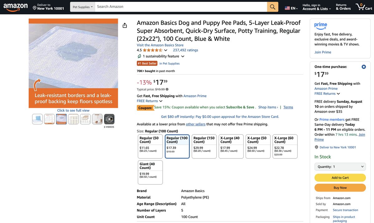 Dog and puppy pad from Amazon, one of the best-selling products online for dropshipping