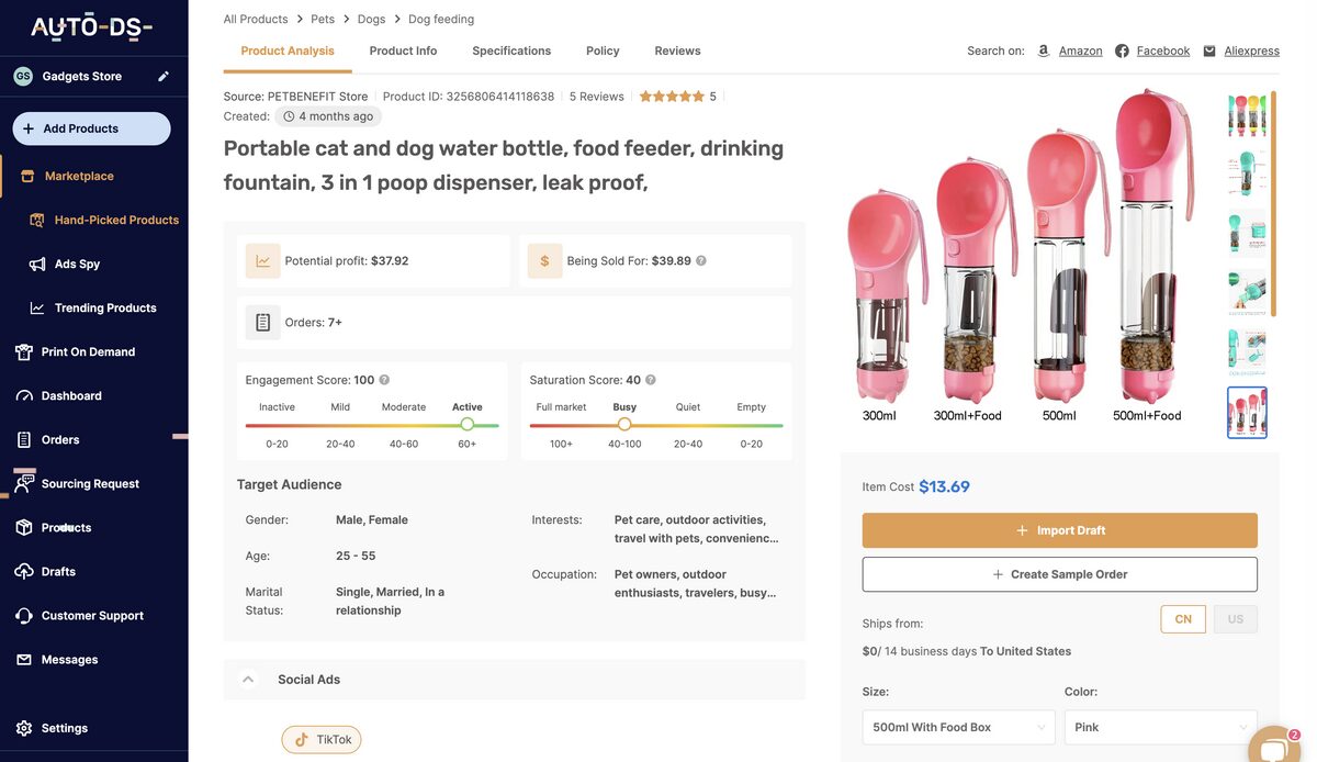 3-in-1 portable pet water bottle from AutoDS's marketplace, one of the best-selling products online for dropshipping