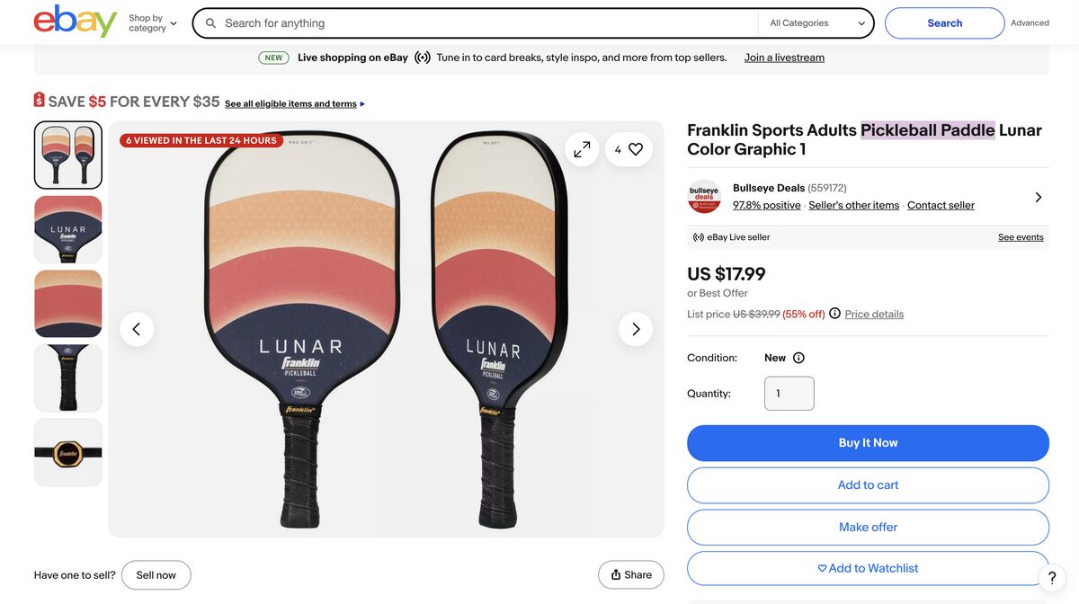 Pickleball paddle from ebay, one of the best-selling products online for dropshipping