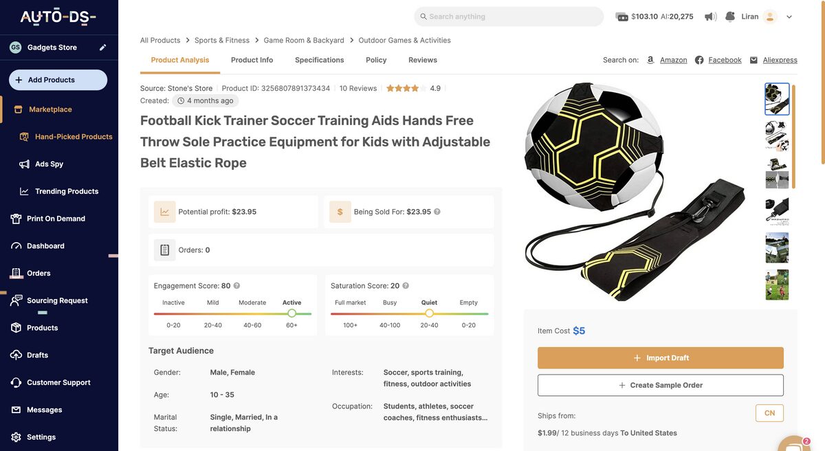 Training soccer ball from AutoDS's marketplace, one of the best-selling products online for dropshipping