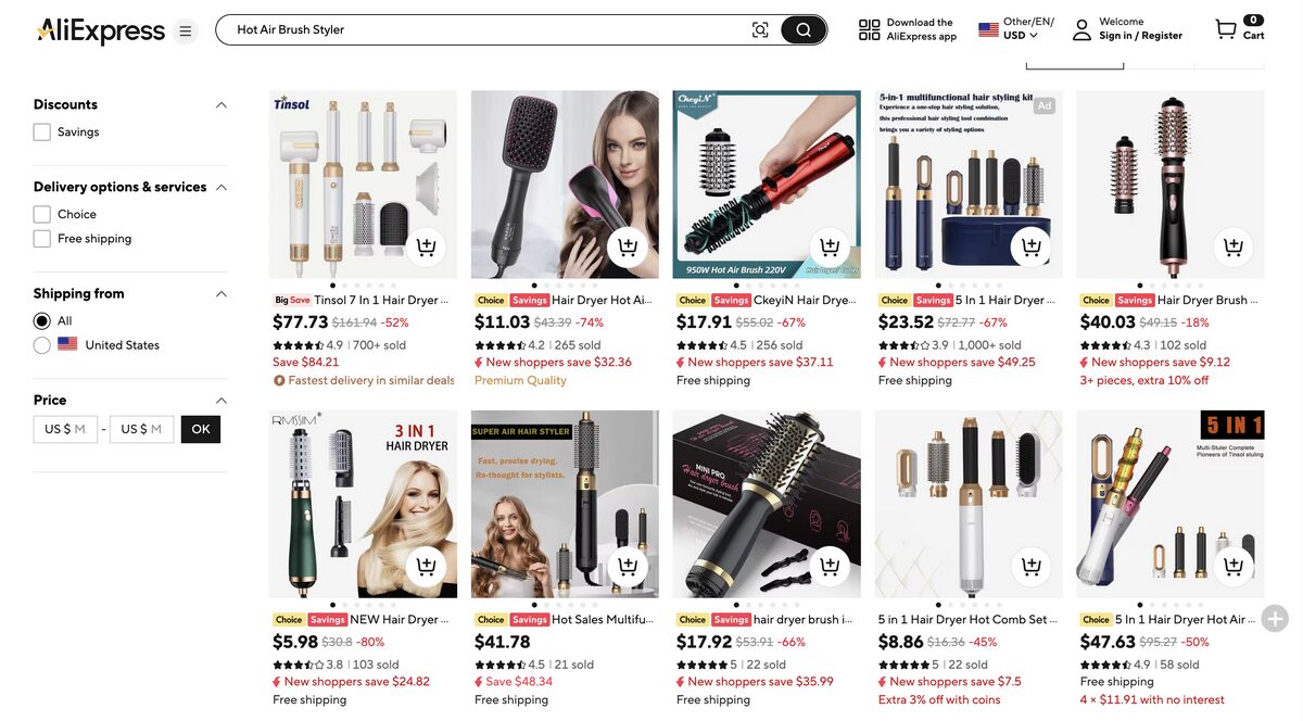 Hot air brush styler from AliExpress, one of the best-selling products online for dropshipping
