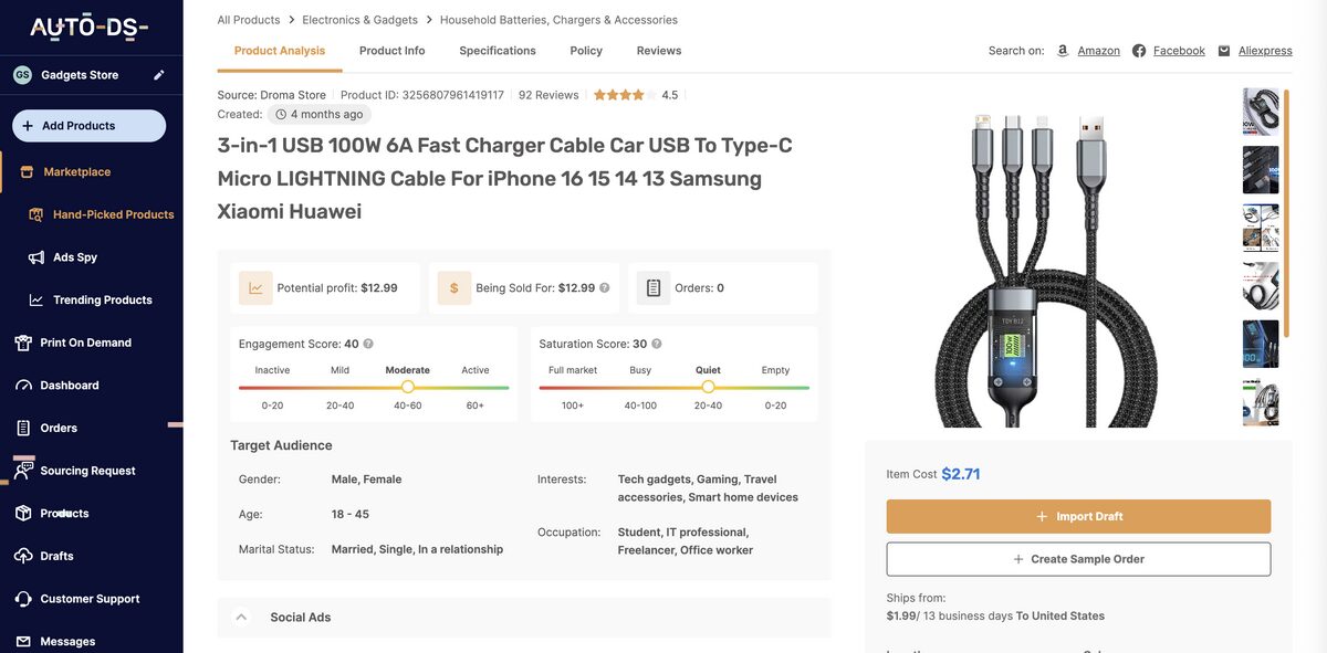 3-in-1 Universal Cable from AutoDS's marketplace, one of the best-selling products online for dropshipping