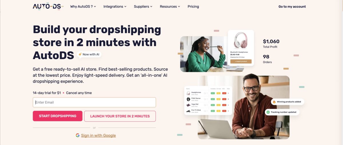AutoDS's homepage, the all-in-one dropshipping platform