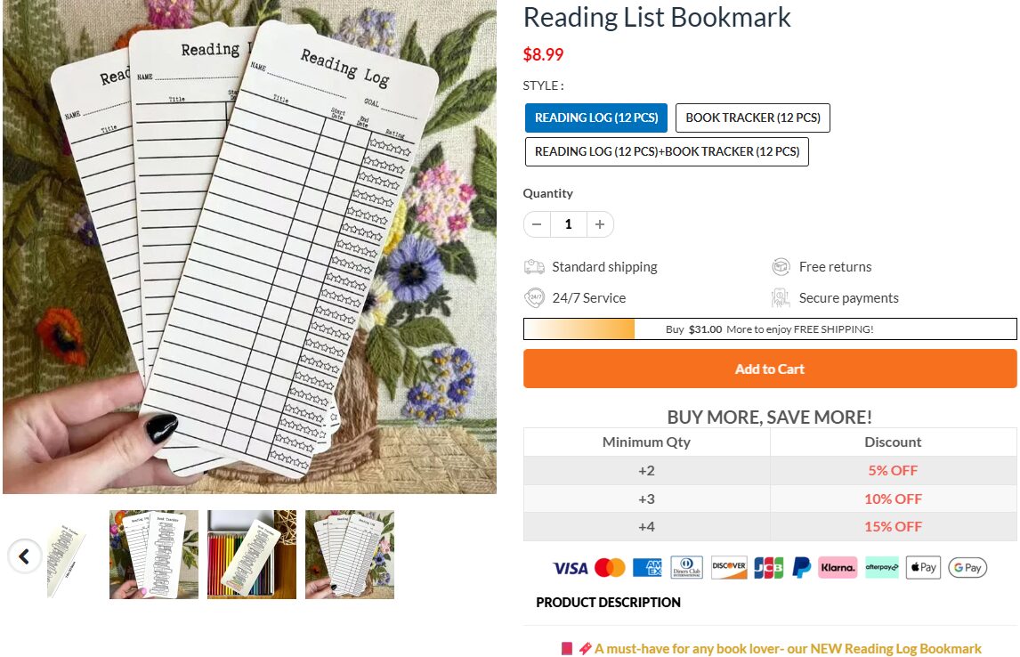 Reading List Bookmark Seller Page Website Product Description