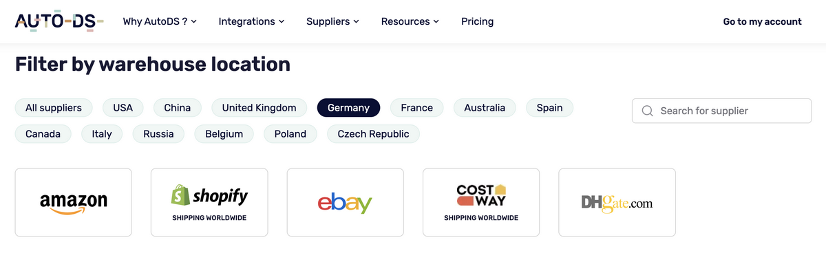 AutoDS's supported suppliers for dropshipping in Germany