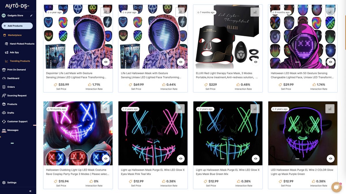 LED face masks with customizable displays from AutoDS's marketplace, one of the best Halloween products to dropship in 2025