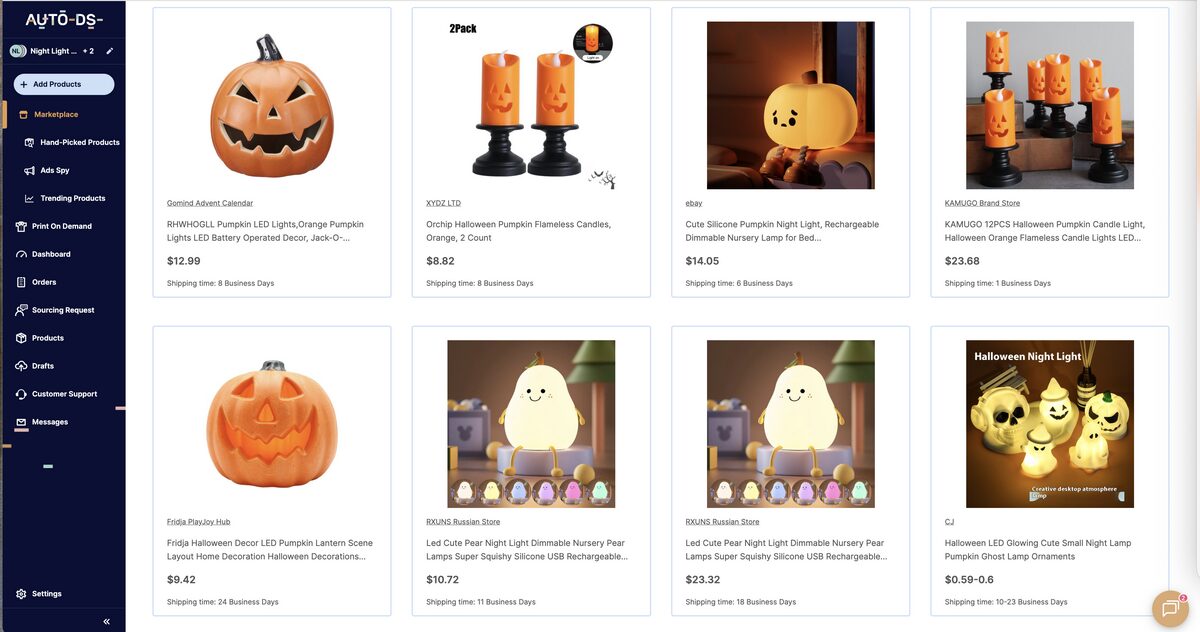 Pumpkin Silicone LED lamps from AutoDS's marketplace, one of the best Halloween products to dropship in 2025