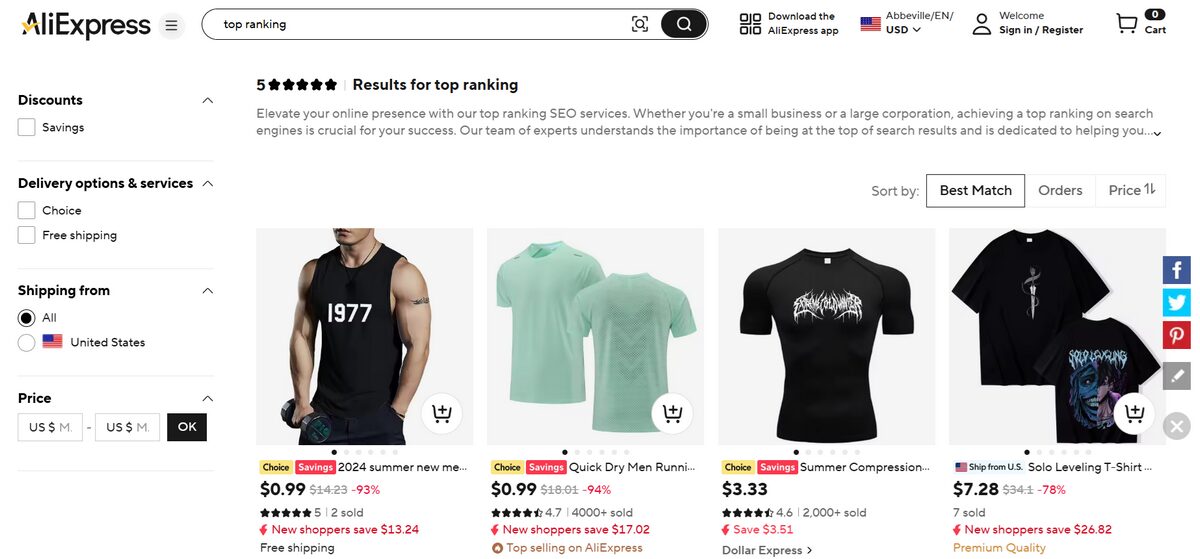 AliExpress Top Rankings Page for trending products