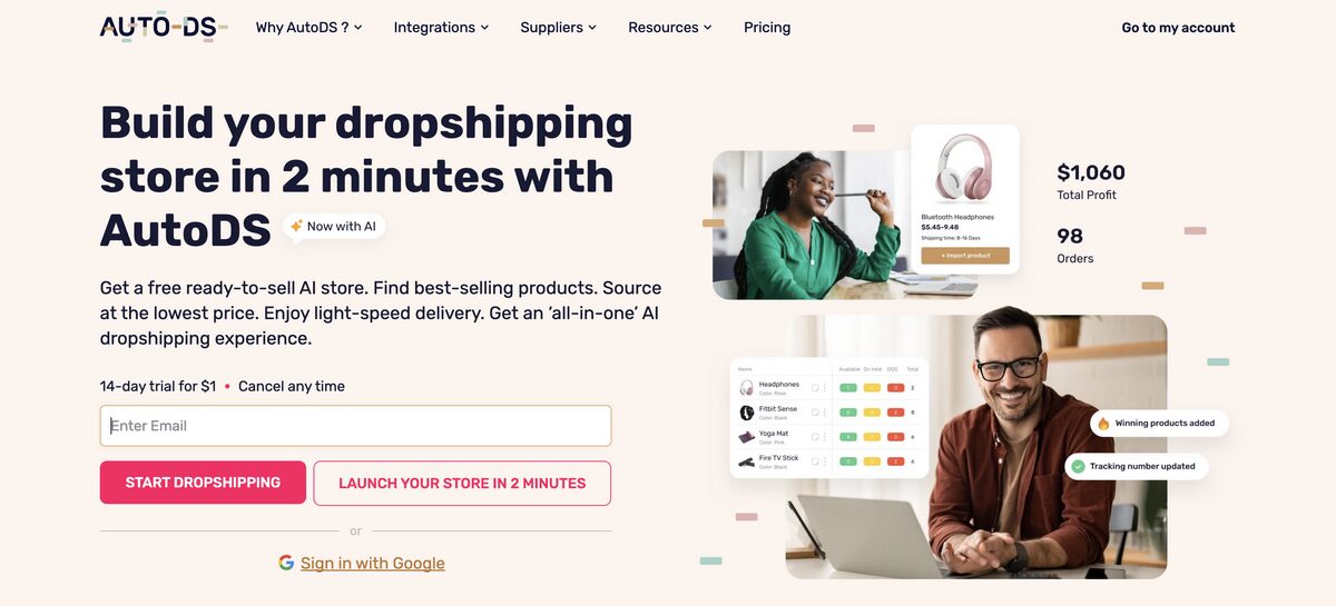 AutoDS's homepage, the all-in-one platform for dropshipping in Germany