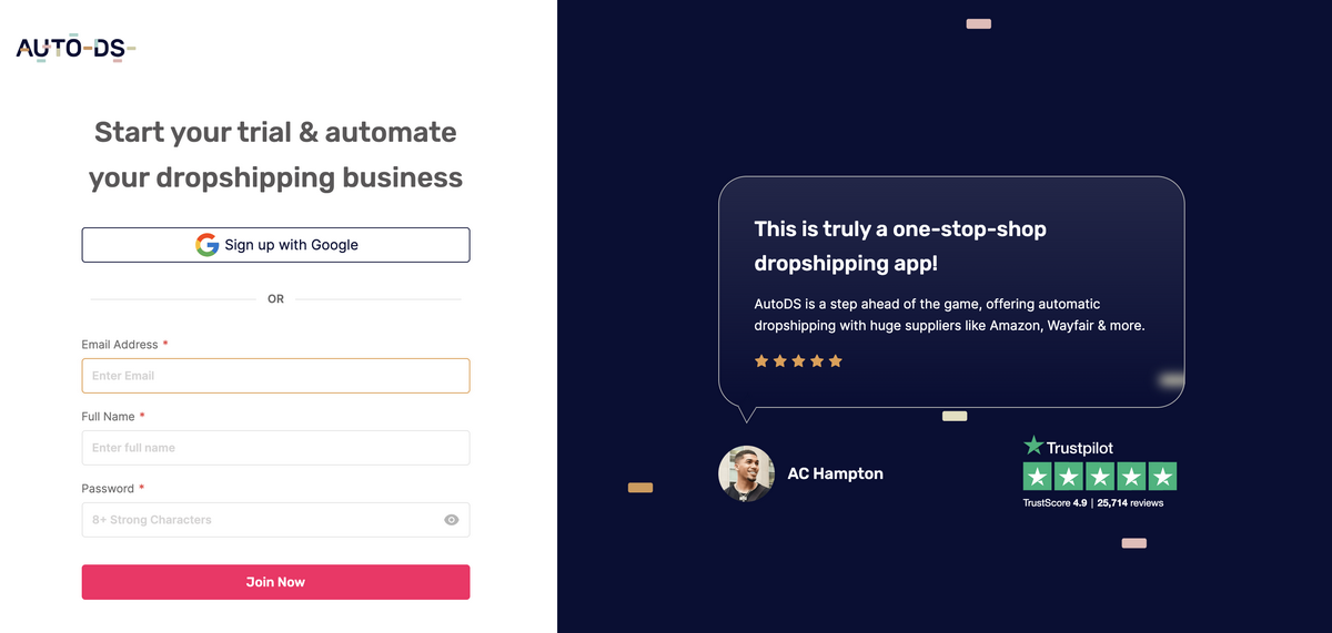 Create an account on AutoDS, the best CJ Dropshipping alternative in 2025