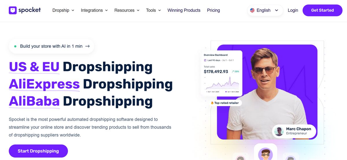 Spocket homepage alternatives of dropshipping platforms to Dropship.io in 2025