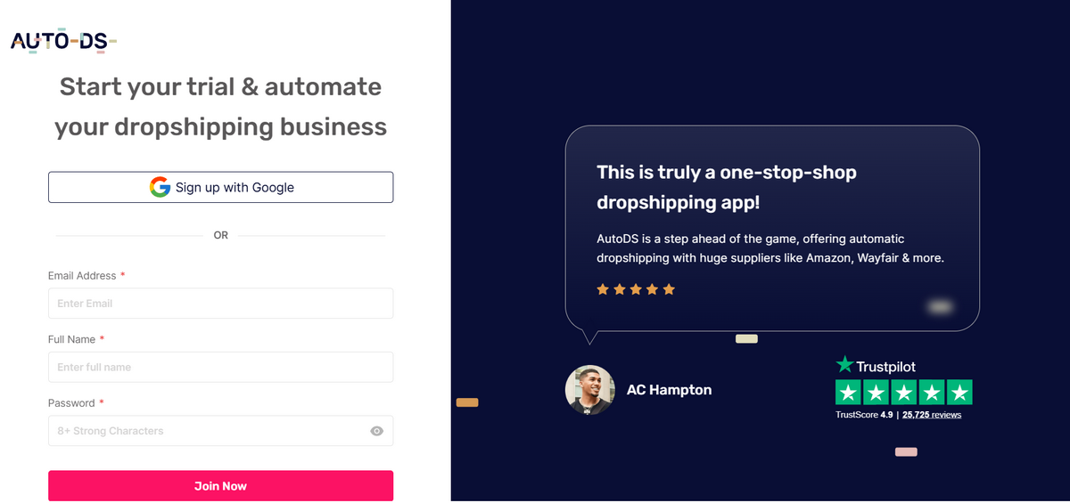 AutoDS platform for dropshipping registration
