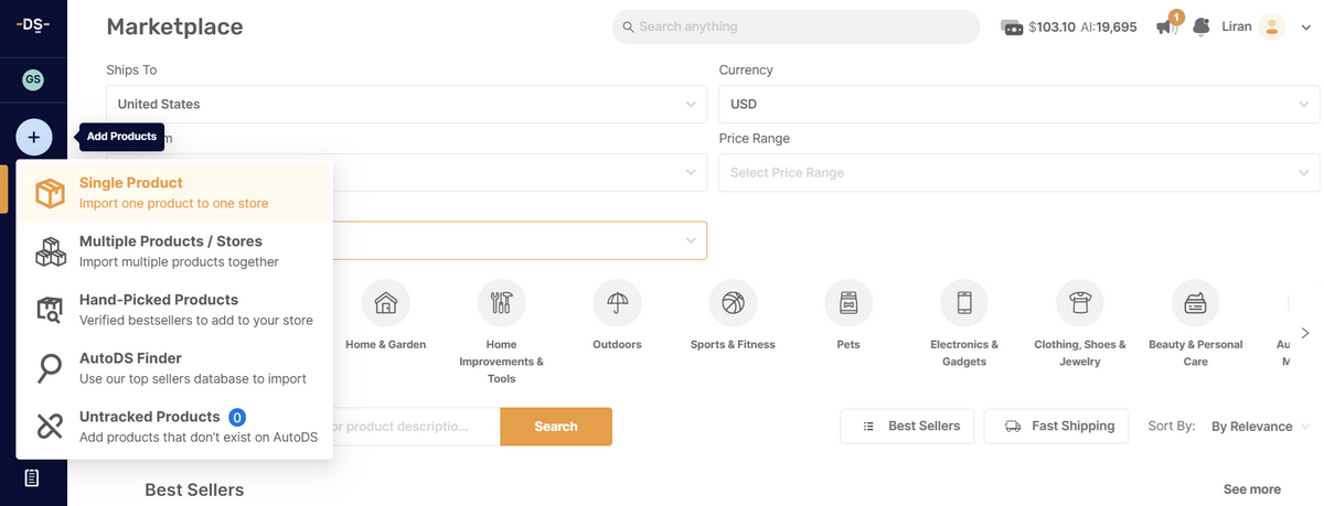 Product import process in AutoDS platform