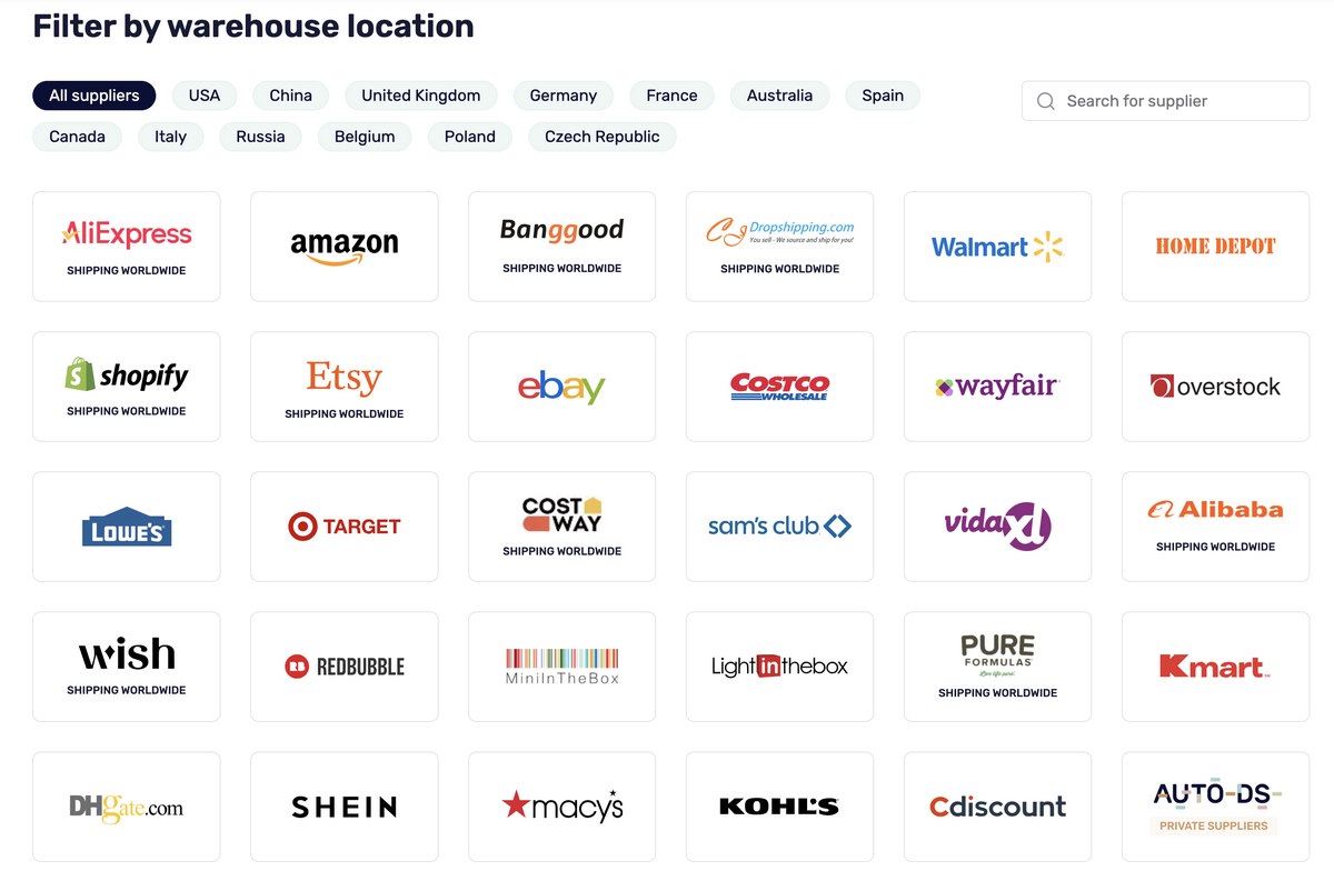 AutoDS's supported dropshipping suppliers for achieving Product-Market Fit faster
