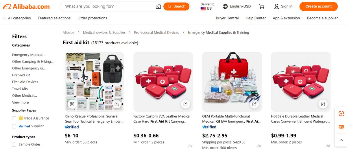 First Aid Kits and Medical Supplies on AliBaba for dropshippers
