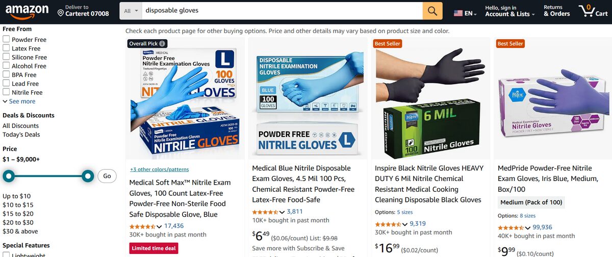 Disposable gloves on Amazon web for dropshipping medical products