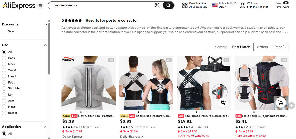 Posture Correctors on AliExpress to dropship medical products