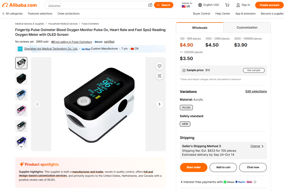 FInger Pulse Oximeters for dropshipping on Alibaba medical products
