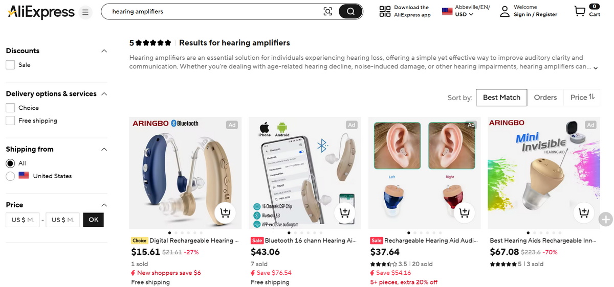 Hearing amplifiers on AliExpress for dropshipping medical supplies