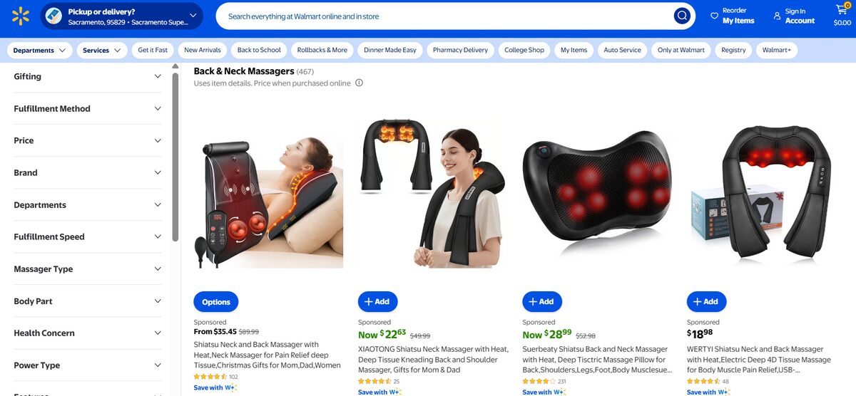 Neck and back massagers on Walmart to dropship medical products and supplies