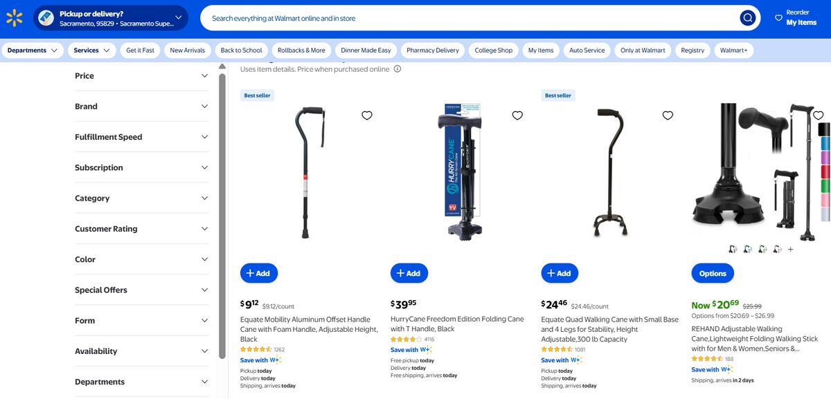Walking canes and mobility aids on Walmart to dropship